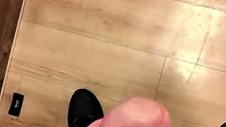 Quick handjob and masturbation rush in public shopping bathroom toilet stall