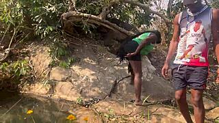 Riverside ebony group fuck nearly busted by fulanis on the bank doggystyle hairy quickie