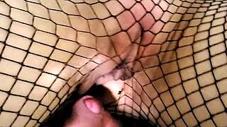 look at this ahegao slut all tied up, teasing her wet pussy with my huge cock