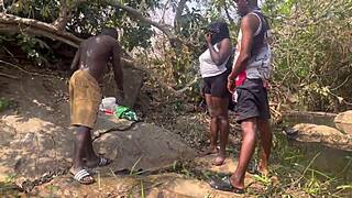 Riverside ebony group fuck nearly busted by fulanis on the bank doggystyle hairy quickie