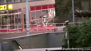 young cute teen gets fucked hard outdoors in public city street threesome orgy blowjob pussy pounding