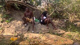 Riverside ebony group fuck nearly busted by fulanis on the bank doggystyle hairy quickie