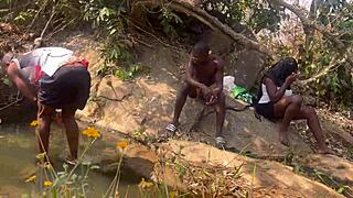 Riverside ebony group fuck nearly busted by fulanis on the bank doggystyle hairy quickie