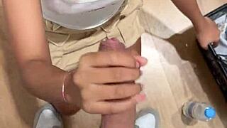 skinny 18yo asian teen sucks cock in changing room then swallows cum