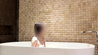 Skinny japanese brunette amateur bathes feet legs small tits luxury hotel shower