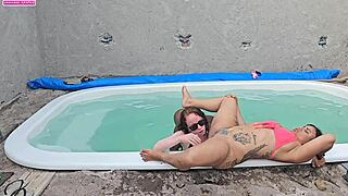 black stud jerks by pool then creampies two sexy tattooed babes in interracial lingerie threesome.