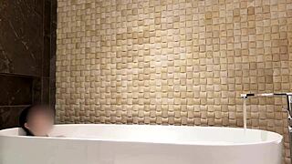 Skinny japanese brunette amateur bathes feet legs small tits luxury hotel shower