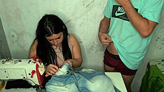 seamstress gets horny spotting client's huge erection then licks pussy rides cock in homemade frenzy