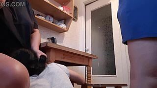 Girlfriend risks licking housekeeper's pussy under kitchen table while dishes wash!