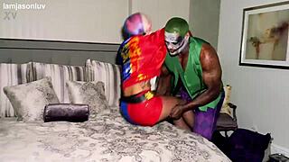 Joker unloads deep in Harley Quinn during Jason Luv and Kali Roses' hot interracial frenzy.