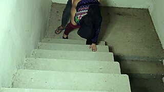 Stepbrother rams big-titted stepsis pussy rough on stairs closeup moaning.