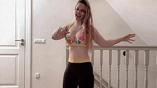 huge belly dancer goddess with glasses dances to music in celebrity fetish show
