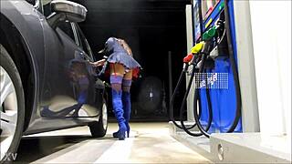 crossdresser upskirts her mini skirt fishnets heels at gas station
