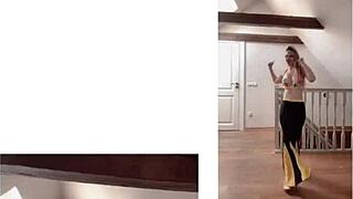 huge belly dancer goddess with glasses dances to music in celebrity fetish show