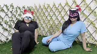 Christmas meetup with latina milf bestie flashing tits for dildo blowjob practice