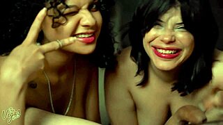 Chubby latinas with big tits team up for sloppy double blowjob and cum swap