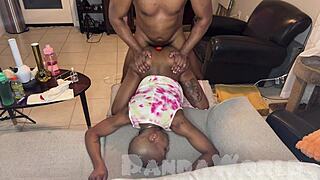 cleo panda's bald ebony ass gets stretched wide then pussy pounded hard